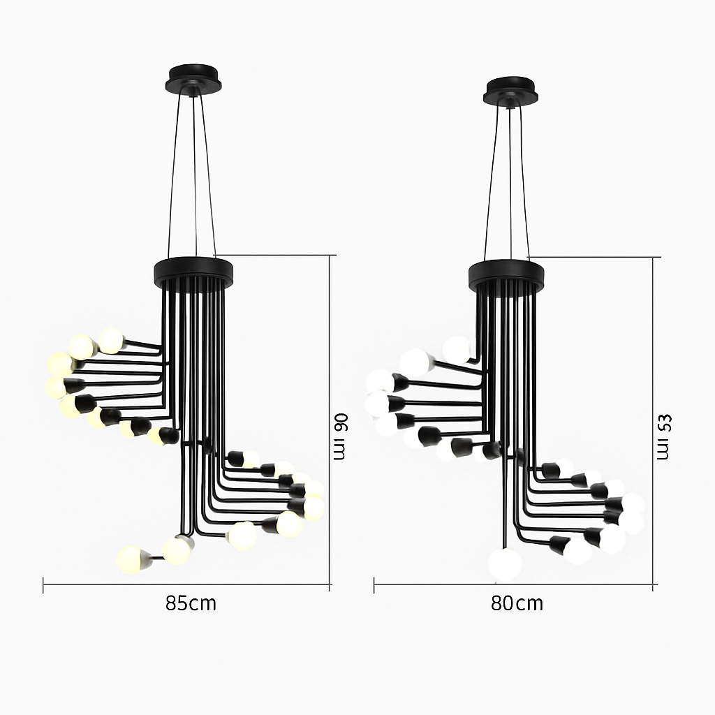 Lustre design noir avec plusieurs branches en forme d'escalier