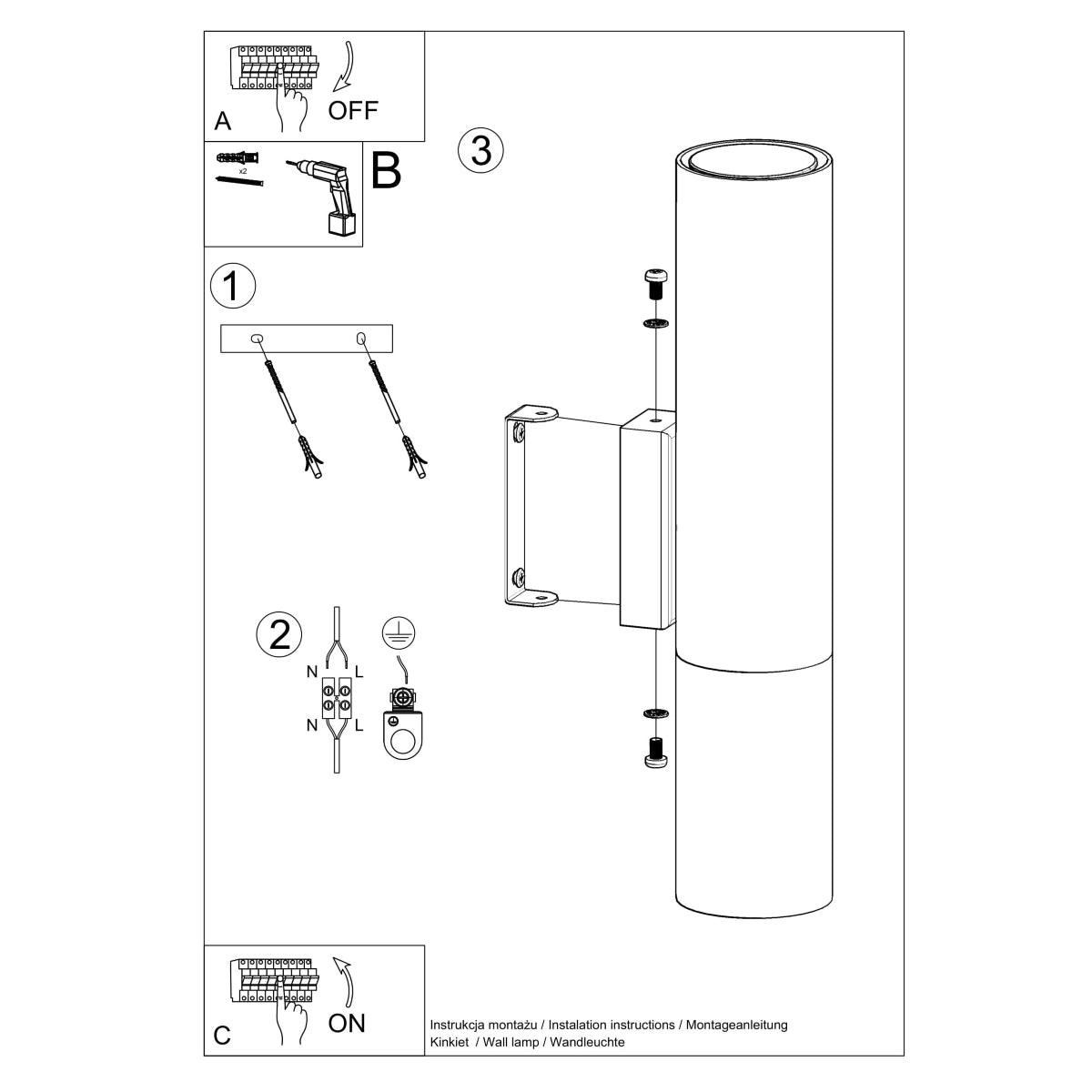 Applique Tube Duo Metallic Acier Noir et Chrome