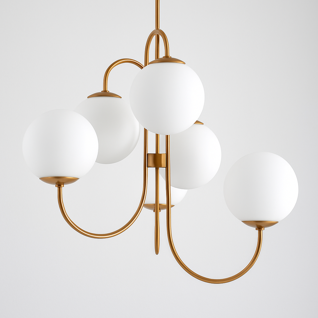 Lustre design avec branches dorées et boule de verre