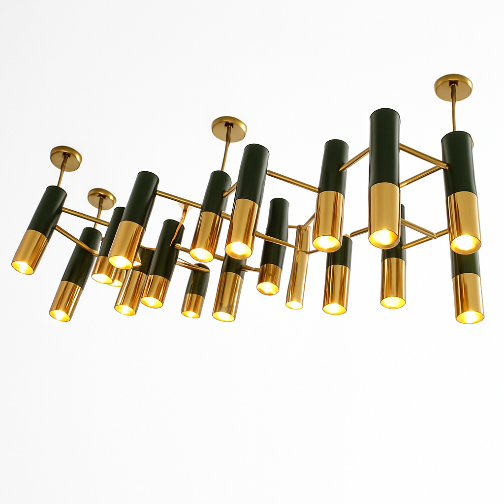 Lustre design avec tubes en métal noir et doré Italy