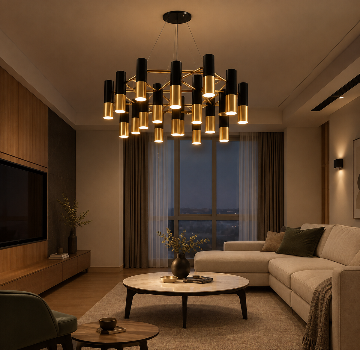 Lustre design avec tubes en métal noir et doré Italy