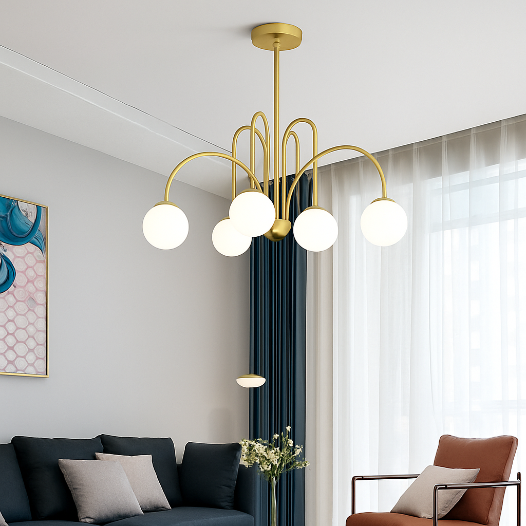 Lustre design LED à branches dorées avec boules en verre Light
