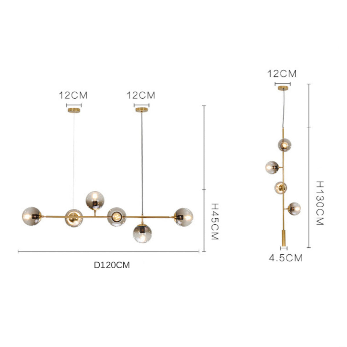 Lustre design LED en métal avec plusieurs boules en verre rétro