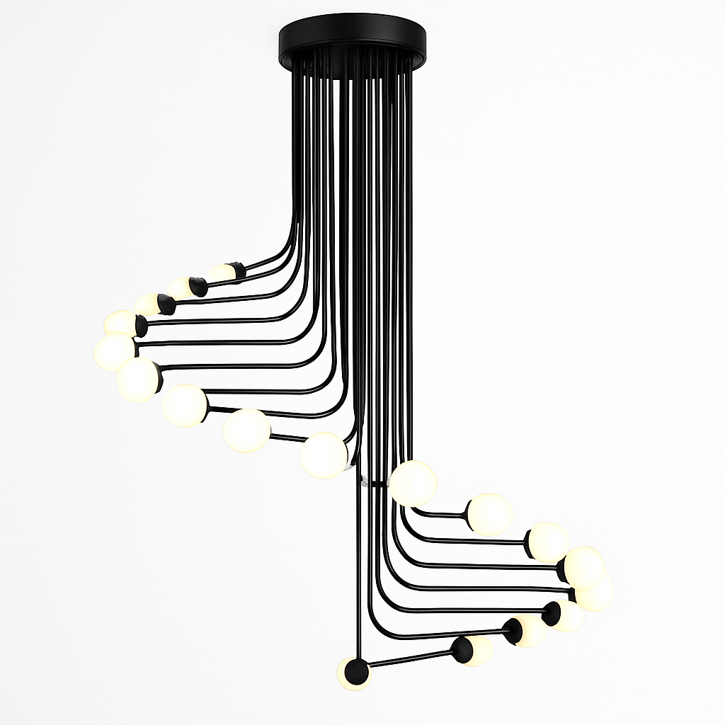 Lustre design noir avec plusieurs branches en forme d'escalier