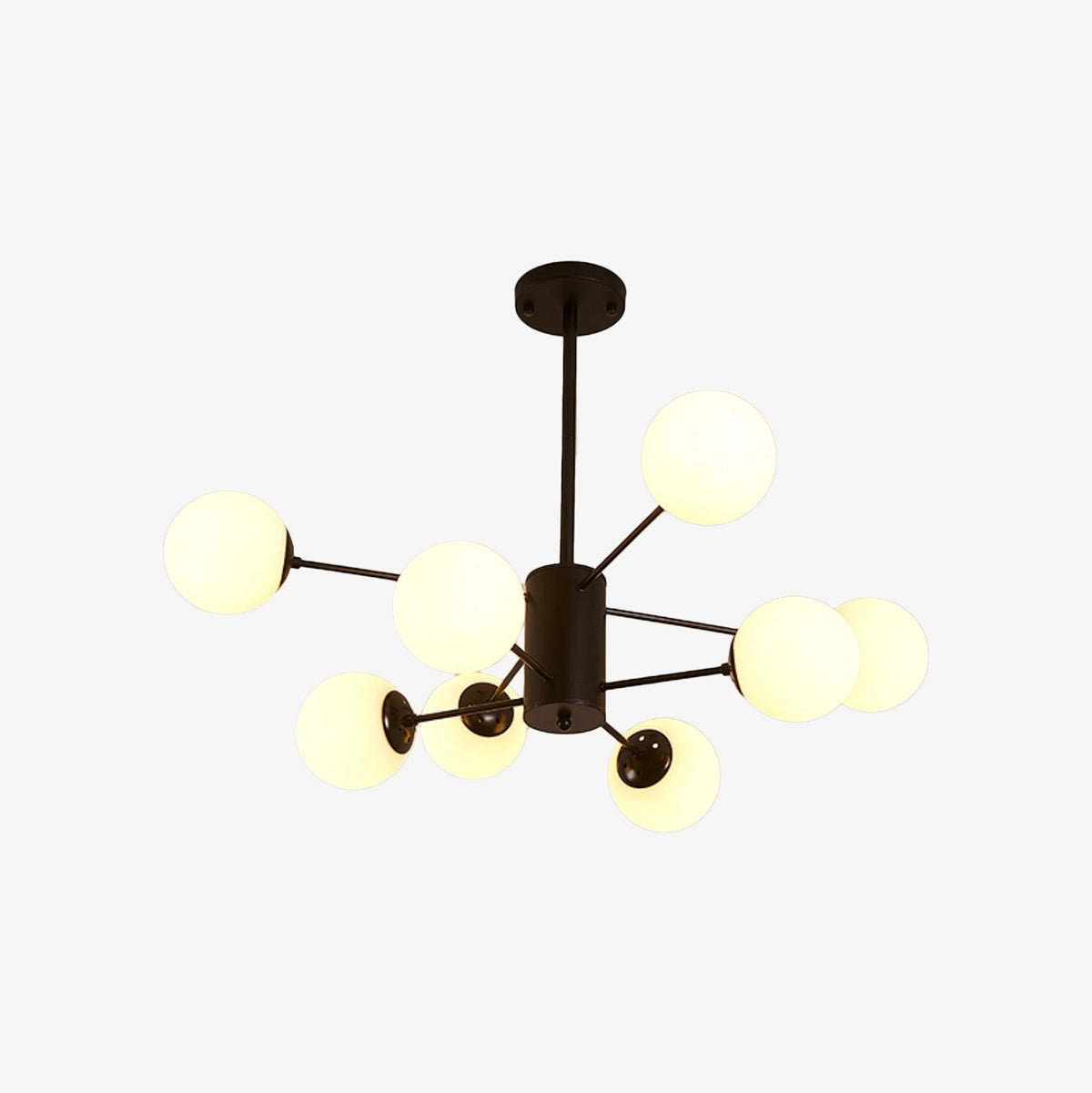 Lustre design noir avec plusieurs branches et lampe en verre Vintage