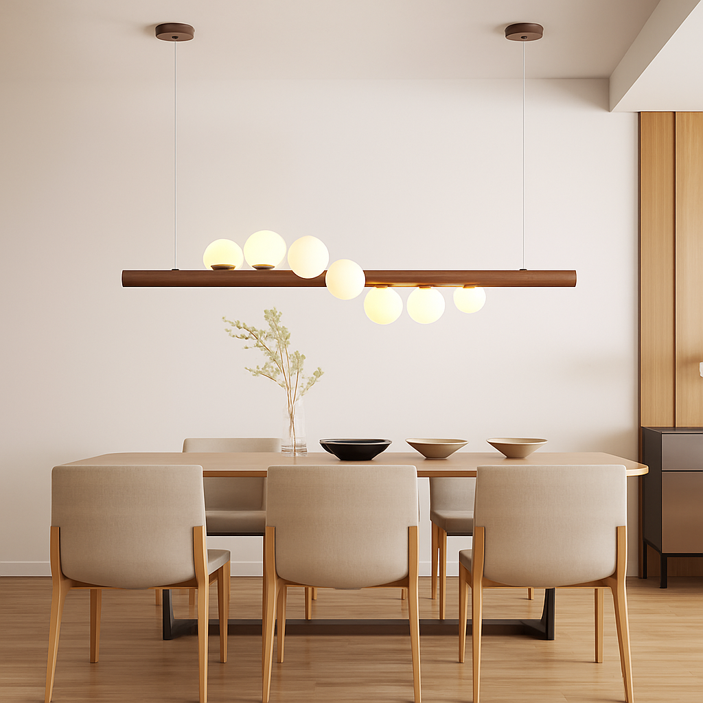 Lustre en bois LED avec plusieurs sphères au style scandinave