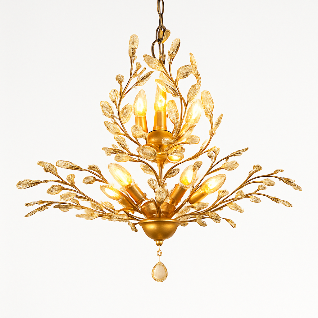 Lustre LED en cristal doré à feuilles