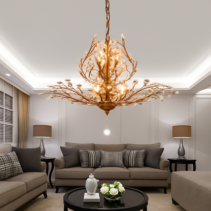Lustre LED en cristal doré à feuilles