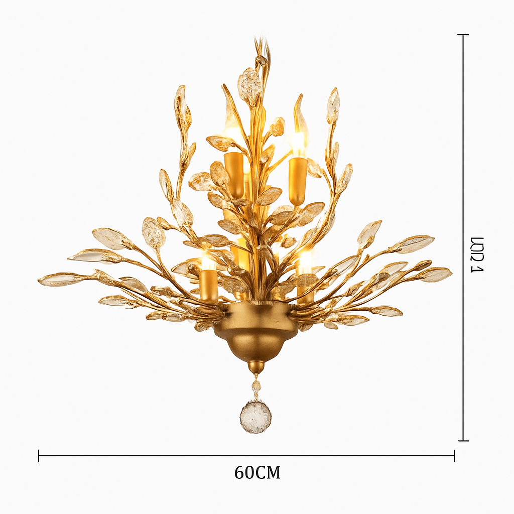 Lustre LED en cristal doré à feuilles