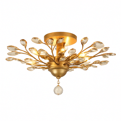 Lustre LED en cristal doré à feuilles