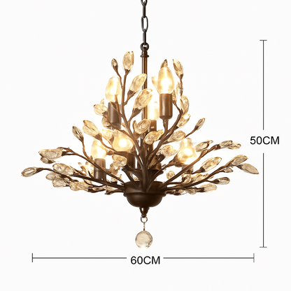 Lustre LED en cristal doré à feuilles