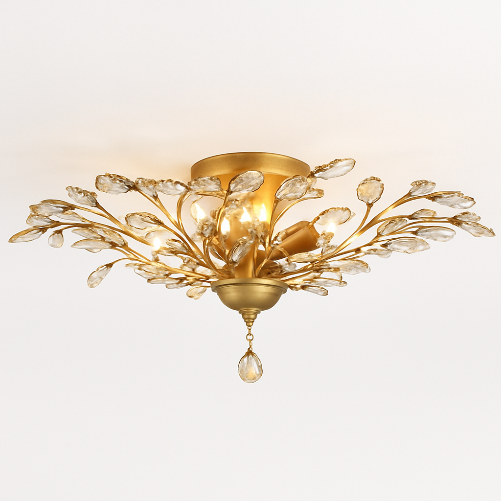 Lustre LED en cristal doré à feuilles