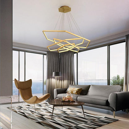Lustre design LED avec anneaux dorés au style géométrique Luxury