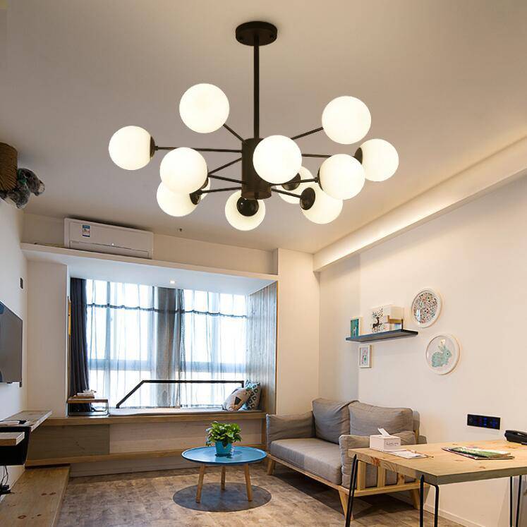 Lustre design noir avec plusieurs branches et lampe en verre Vintage