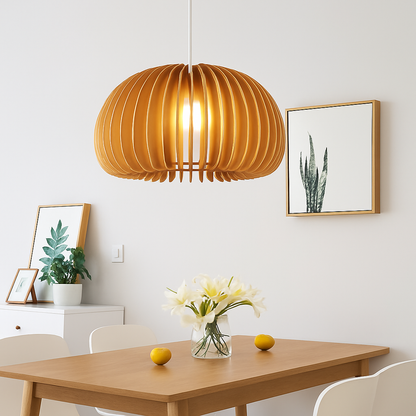 suspension lustre citrouille en bois naturel nordique éclairage